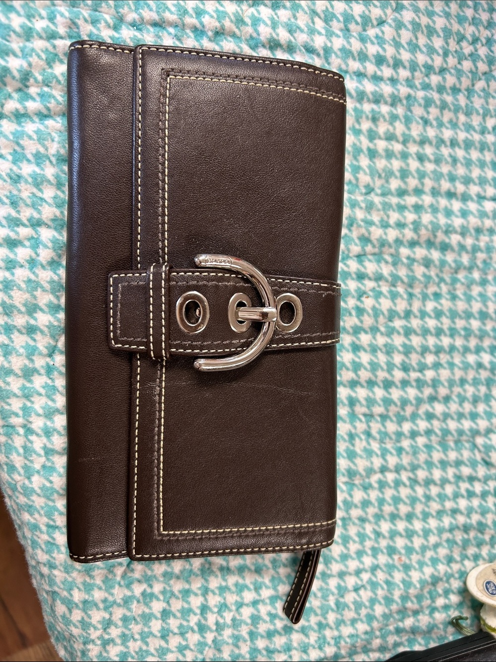Coach Dark Brown Leather Wallet with Silver Buckle Accent